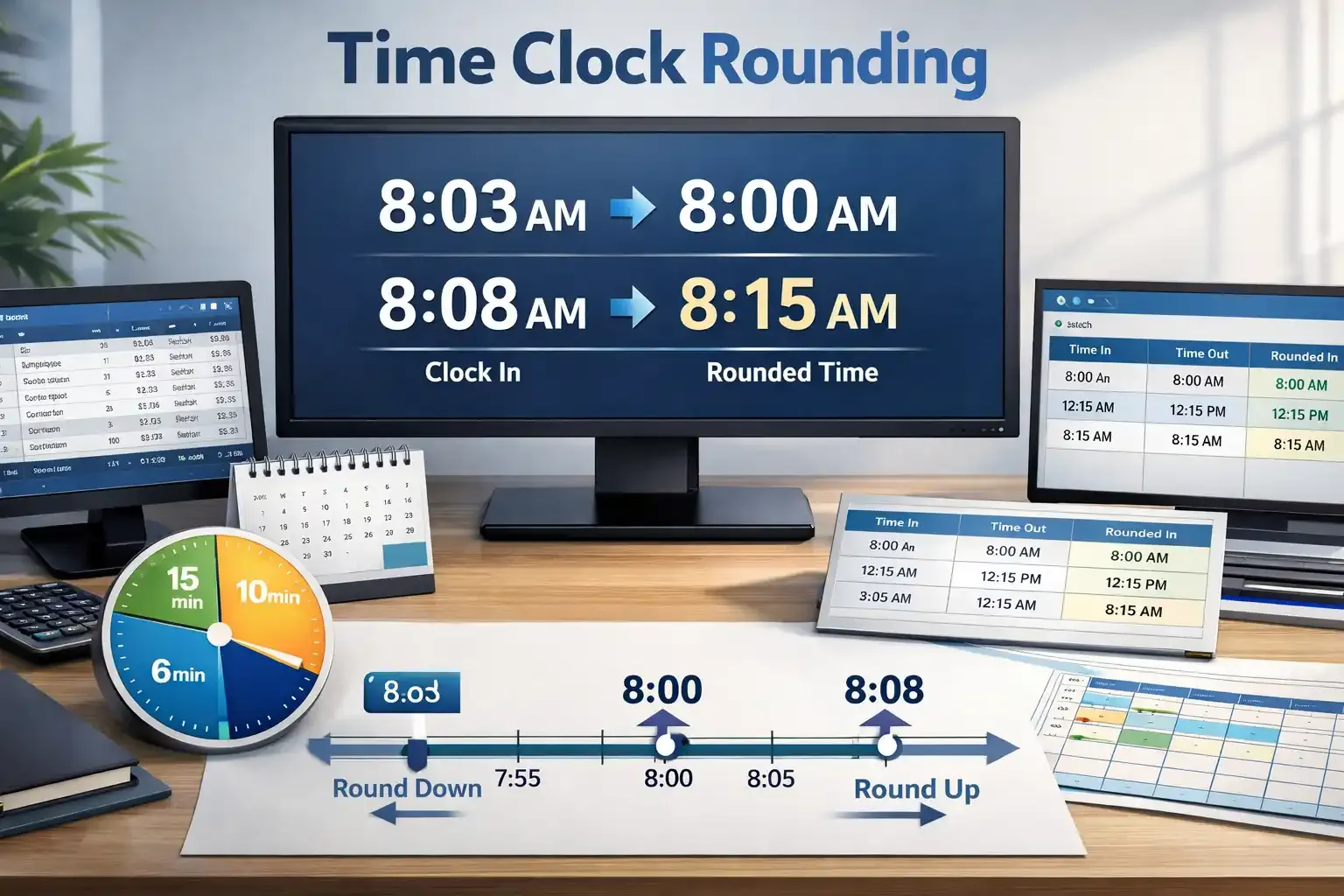Time clock rounding dashboard showing 8:03 to 8:00 and 8:08 to 8:15 adjustments.